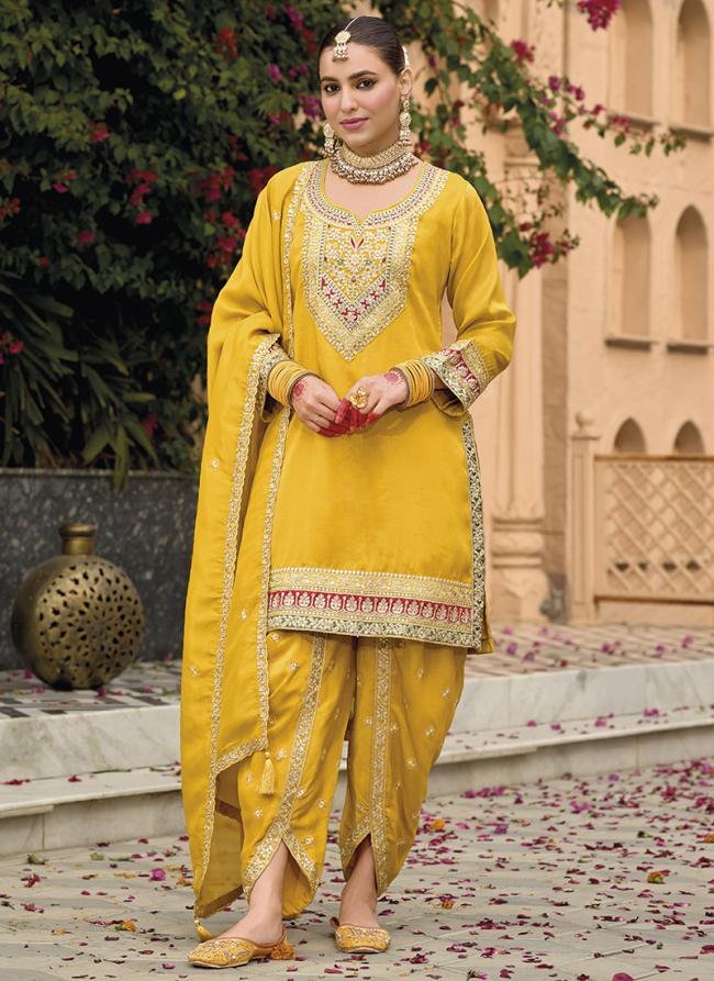 Shimmer Yellow Wedding Wear Sequins Work Readymade Dhoti Suit